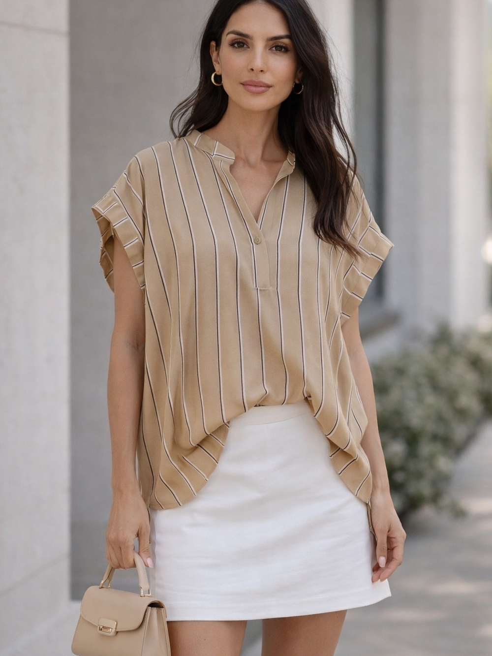 Amour Vert New Tan Gavin Stripe Split-Sleeve V-Neck Blouse,100% Silk,Size S